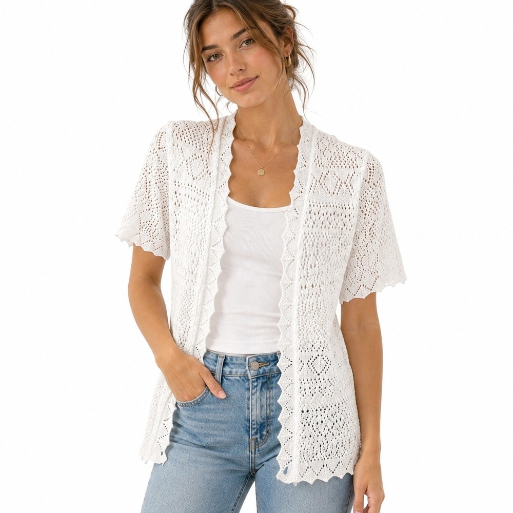 Vintage Vicki Wayne Womens M Pointelle Cardigan White Cotton Crochet Scalloped